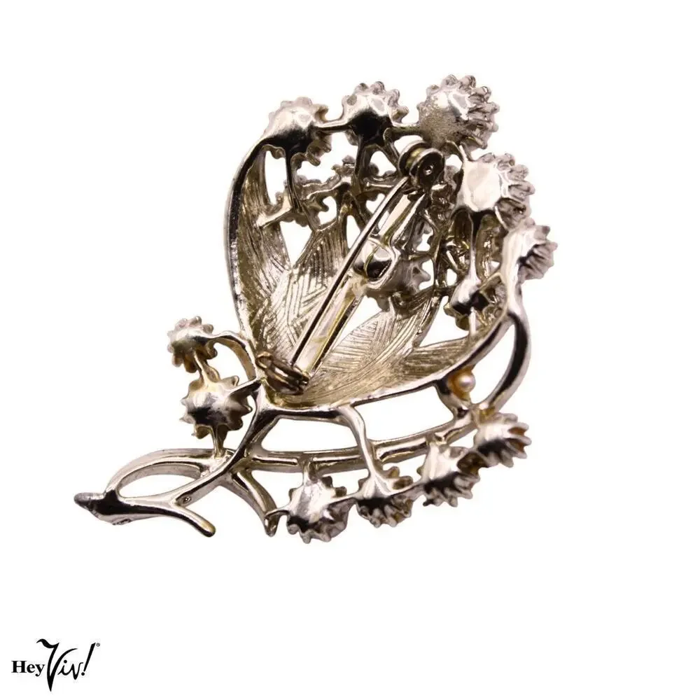 Vintage Pearl Flower Pin Brooch Bouquet Gold Metal Open Work 2.25